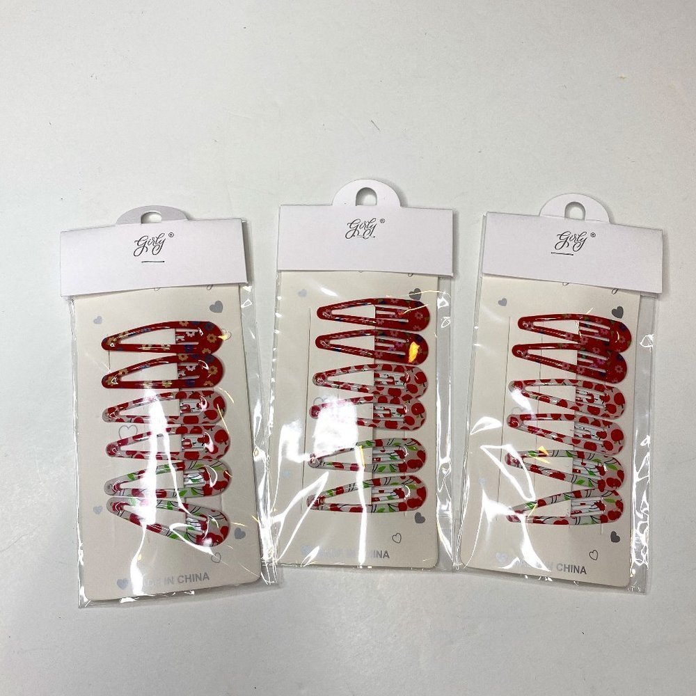 Girly, NWT, lot of 3 cards of 6 red, green, and white cherry/flower hair clips.